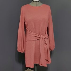 Pink R Vivimos Sheath Dress Tie Waist Long puff sleeves.